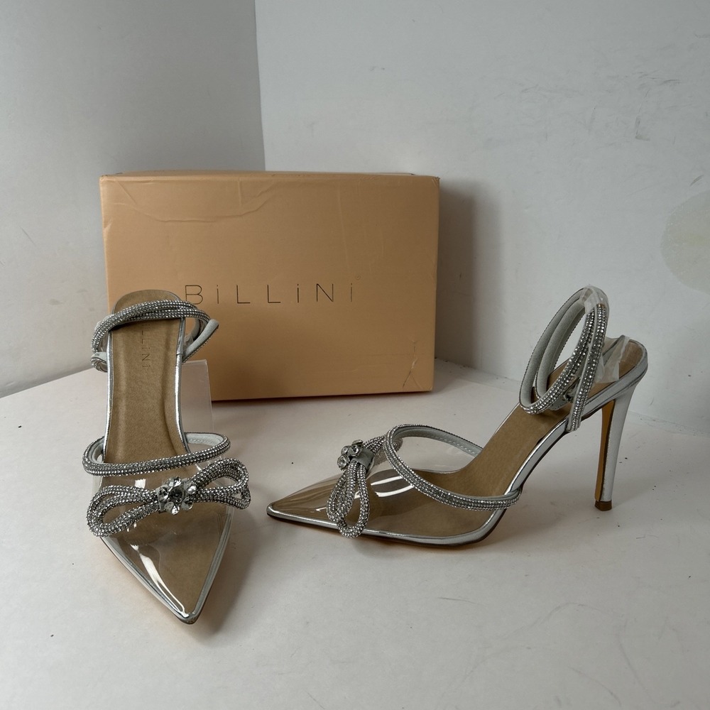 Billini Silver Transparent  Rhinestone‎ Strappy Ankle Heels Retro, New Sz.9